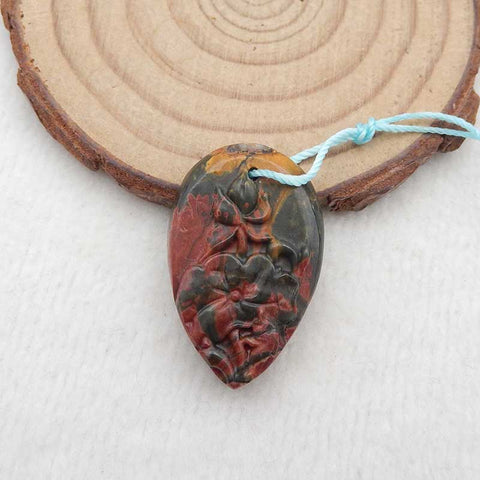 Perle pendentif fleur sculptée en jaspe Red Creek, 29 x 19 x 7 mm, 5,9 g