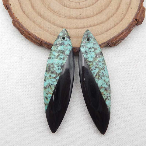 Intarsia Of African Turquoise And Obsidian Earring Beads 44x12x4mm, 7.4g