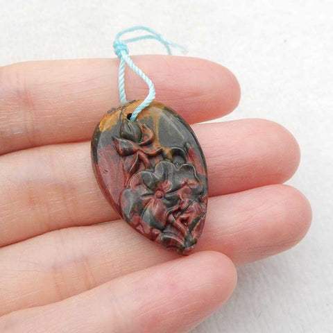 Perle pendentif fleur sculptée en jaspe Red Creek, 29 x 19 x 7 mm, 5,9 g