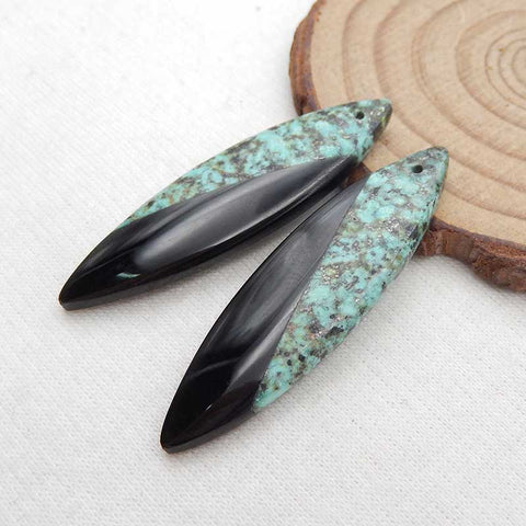 Boucles d'oreilles marquise collée turquoise et obsidienne africaine, 44x12x4mm, 7.4g