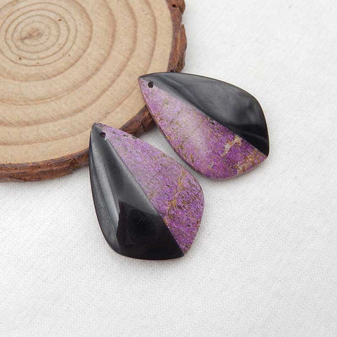 Paire de boucles d'oreilles en pierres précieuses collées avec pierre violette africaine Stichtite et obsidienne, 31x21x5mm, 7.5g