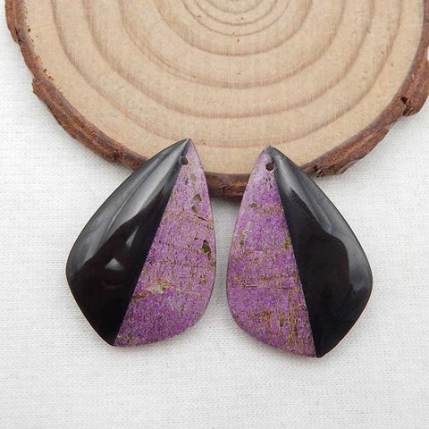 Paire de boucles d'oreilles en pierres précieuses collées avec pierre violette africaine Stichtite et obsidienne, 31x21x5mm, 7.5g