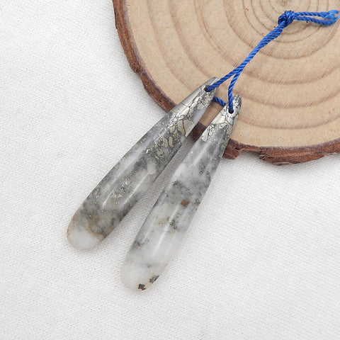 Natural Drusy White Quartz With Pyrite Marquise Earrings 一对，用于制作耳环的石头，43X8X5mm，6.4g