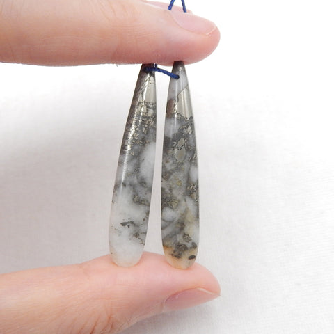 Natural Drusy White Quartz With Pyrite Marquise Earrings 一对，用于制作耳环的石头，43X8X5mm，6.4g