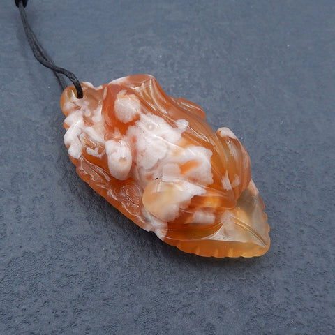 Natural Cherry Blossom Agate Carved frog Pendant Bead 61X31X22mm, 42.7g