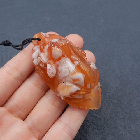 Natural Cherry Blossom Agate Carved frog Pendant Bead 61X31X22mm, 42.7g