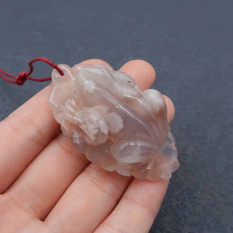 Natural Cherry Blossom Agate Carved frog Pendant Bead 55X33X23mm, 38.0g