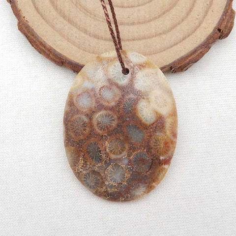 Perle pendentif en pierre précieuse ovale percée de corail fossile indonésien naturel, 40x30x6mm, 9.3g