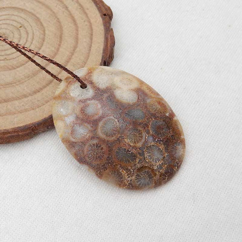 Perle pendentif en pierre précieuse ovale percée de corail fossile indonésien naturel, 40x30x6mm, 9.3g