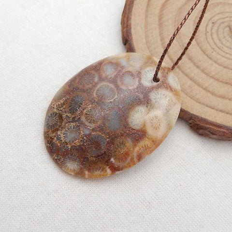 Perle pendentif en pierre précieuse ovale percée de corail fossile indonésien naturel, 40x30x6mm, 9.3g