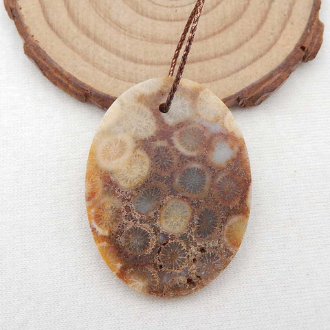 Perle pendentif en pierre précieuse ovale percée de corail fossile indonésien naturel, 40x30x6mm, 9.3g