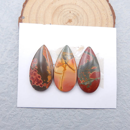 3 pcs Natural Red Creek Jasper Cabochons 30x15x5mm, 9.9g