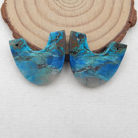 天然宝石 Chrysocolla 双孔女士宝石耳环一对，手工首饰，22x26x3mm，6.8g