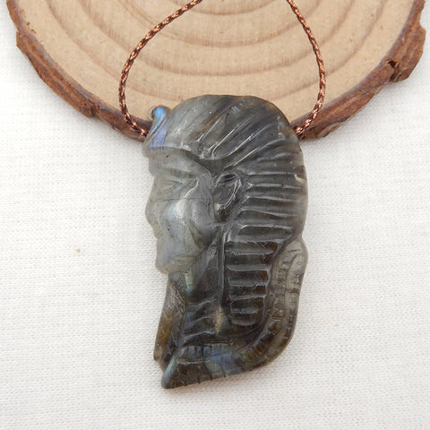 Pendentif tête d'indien en pierre précieuse de Labradorite sculptée à la main vintage, 40X23X18mm, 11.5g