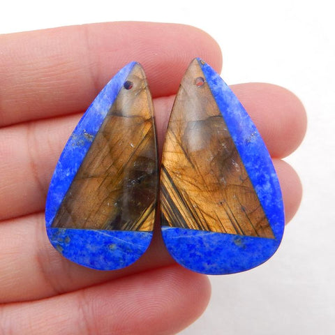 Paire de pierres précieuses collées en lapis-lazuli et labradorite pour faire des boucles d'oreilles pendantes, 33x18x5mm, 9g