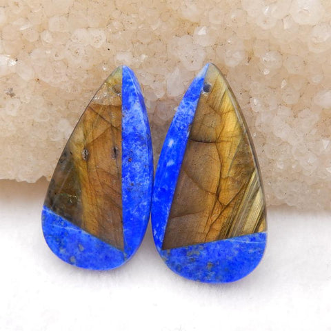 Paire de pierres précieuses collées en lapis-lazuli et labradorite pour faire des boucles d'oreilles pendantes, 33x18x5mm, 9g