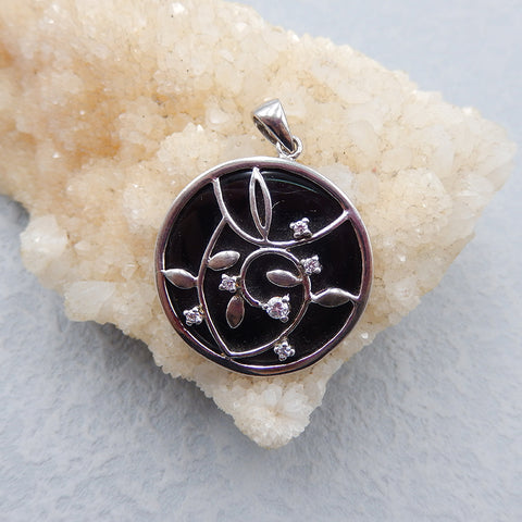 Round Obsidian 925 Silver Flower Pendant,Jewelry pendant, 33x30x6mm,8.1g