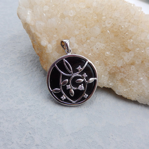 Round Obsidian 925 Silver Flower Pendant,Jewelry pendant, 33x30x6mm,8.1g