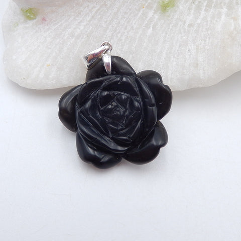 Pendentif fleur sculptée à la main en obsidienne de pierres précieuses naturelles, bélière de pincement de branche en argent sterling 925, 28X28X12mm, 9.0g