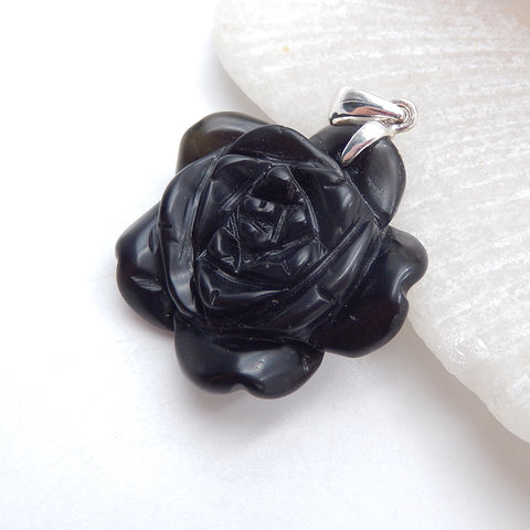 Pendentif fleur sculptée à la main en obsidienne de pierres précieuses naturelles, bélière de pincement de branche en argent sterling 925, 28X28X12mm, 9.0g