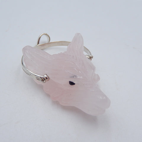 Pendentif collier tête de loup sculpté en quartz rose, bélière en argent sterling 925, 31 x 22 x 13 mm, 10,4 g