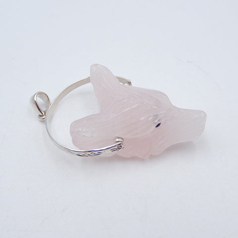 Pendentif collier tête de loup sculpté en quartz rose, bélière en argent sterling 925, 31 x 22 x 13 mm, 10,4 g