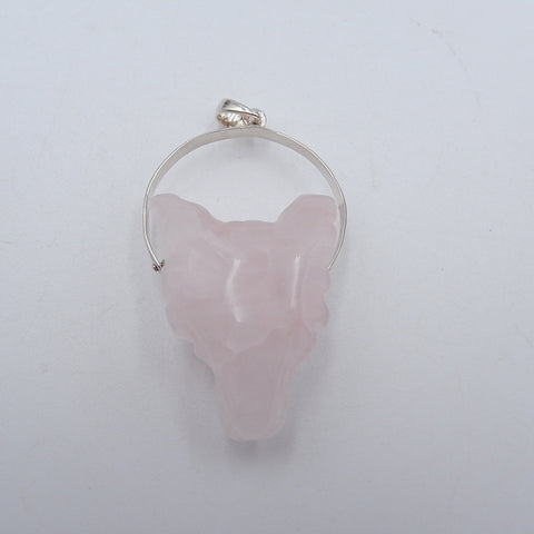 Pendentif collier tête de loup sculpté en quartz rose, bélière en argent sterling 925, 31 x 22 x 13 mm, 10,4 g