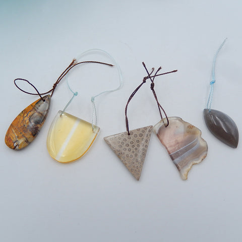 5 PCS Quartz Jaune, Jaspe Picasso Multicolore, Cymophane, Agate, Corail Fossile, Perles Pendentif, 33x23x2mm, 26x15x6m, 19g