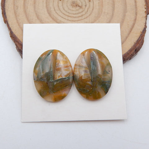 Natural Bamboo Agate Cabochons Paired 20x15x4mm, 3.5g