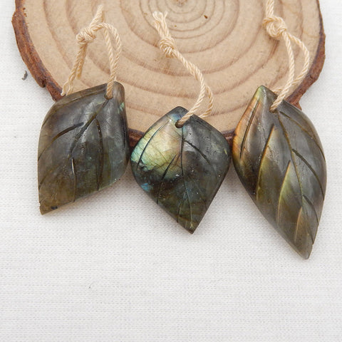 3 PCS Natural Labradorite Carved Leaf Pendant Beads 34x19x5mm, 24x19x6mm, 12.6g