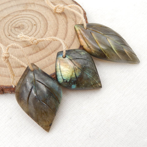 3 PCS Natural Labradorite Carved Leaf Pendant Beads 34x19x5mm, 24x19x6mm, 12.6g