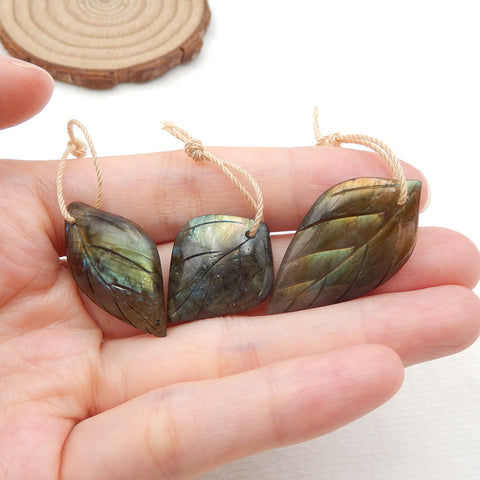 3 PCS Natural Labradorite Carved Leaf Pendant Beads 34x19x5mm, 24x19x6mm, 12.6g