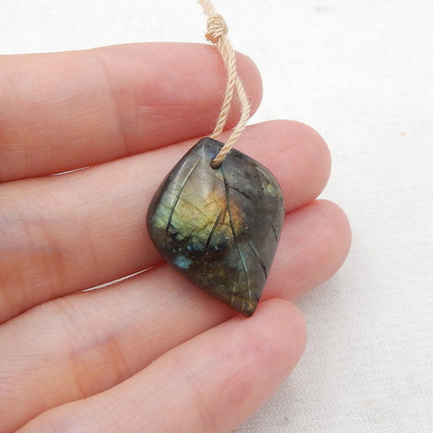 3 PCS Natural Labradorite Carved Leaf Pendant Beads 34x19x5mm, 24x19x6mm, 12.6g