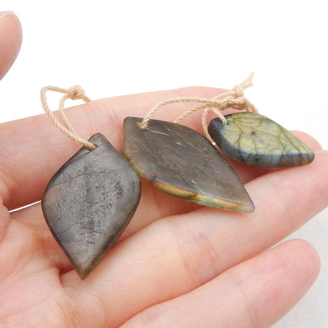 3 PCS Natural Labradorite Carved Leaf Pendant Beads 34x19x5mm, 24x19x6mm, 12.6g