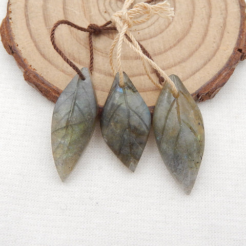 3 PCS Natural Labradorite Carved Leaf Pendant Beads 29x12x4mm, 24x12x4mm, 6.1g