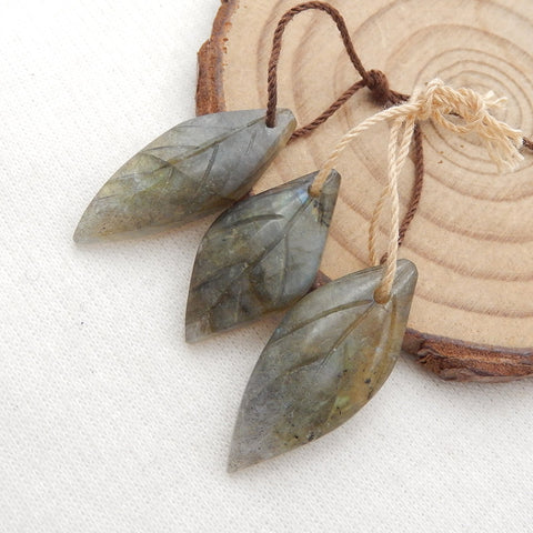 3 PCS Natural Labradorite Carved Leaf Pendant Beads 29x12x4mm, 24x12x4mm, 6.1g