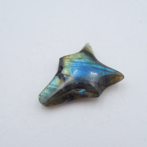 Nouveau! Cabochon sculpté en pierre précieuse de tête de loup Labradorite (peut être percé), pendentif animal populaire / flashy, 30x23x8mm, 7g