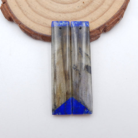 天然拉长石青金石胶合耳环一对，40x8x4mm，6.6g