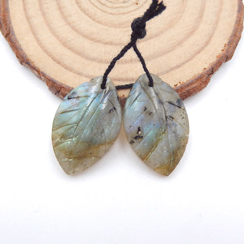 Paire de boucles d'oreilles feuille sculptée en labradorite, 23x15x4 mm, 4,9 g