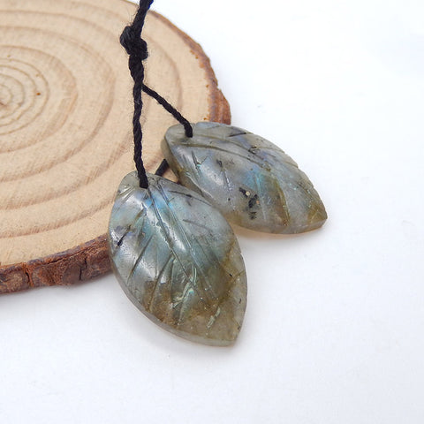 Paire de boucles d'oreilles feuille sculptée en labradorite, 23x15x4 mm, 4,9 g