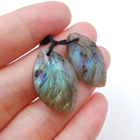 Paire de boucles d'oreilles feuille sculptée en labradorite, 23x15x4 mm, 4,9 g