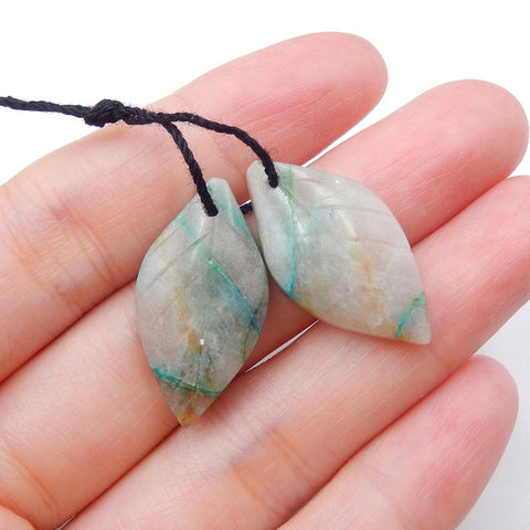 Natural Chrysocolla Carved leaf Earring Beads 26x14x4mm, 4.8g