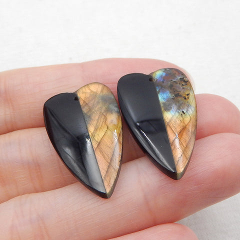 Labradorite naturelle, paire de boucles d'oreilles cœur collé en obsidienne, 26 x 15 x 4 mm, 5,3 g