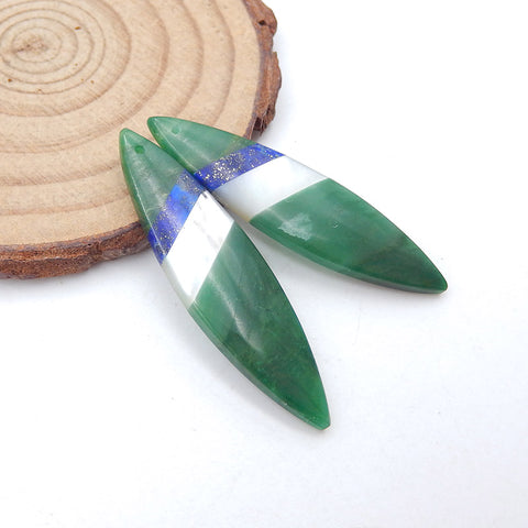 Paire de Boucles d'Oreilles Collées Nautual Africain Jade Lapis Lazuli et Nacre, 43X11X5mm, 7g