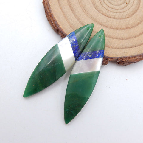 Paire de Boucles d'Oreilles Collées Nautual Africain Jade Lapis Lazuli et Nacre, 43X11X5mm, 7g