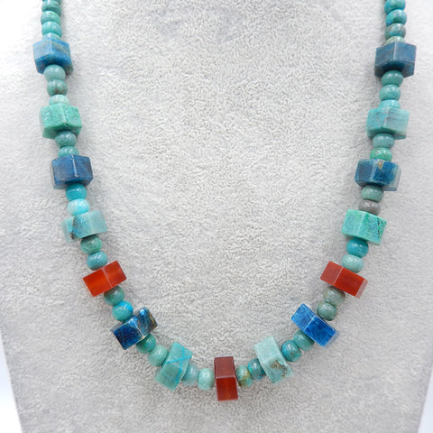 Natural Chrysocolla, Red Agate, Blue Apatite Crystal Gemstone Beads for Necklace, adjustable length 24-32 inches, 91.6g