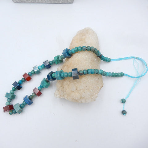 Natural Chrysocolla, Red Agate, Blue Apatite Crystal Gemstone Beads for Necklace, adjustable length 24-32 inches, 91.6g