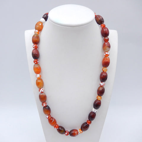 Beads Gemstone Necklaces, Round Red Agate Gemstone Necklaces, 925 Silver Buckle Necklacee, 20 Inch, 81.5g