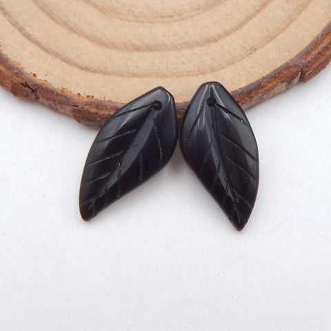 Paire de Boucles d'Oreilles Feuilles Obsidienne Sculptée, 21x10x3mm, 2.2g