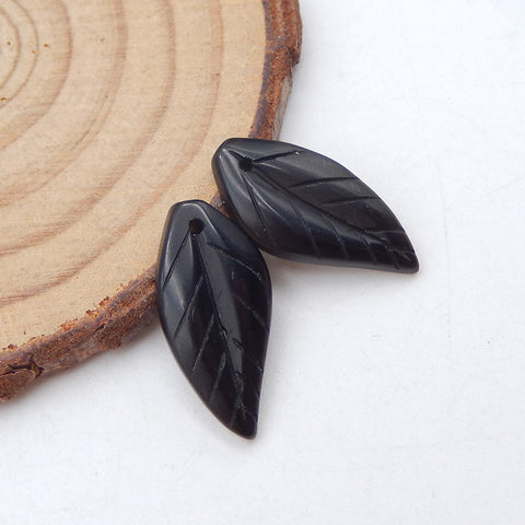 Paire de Boucles d'Oreilles Feuilles Obsidienne Sculptée, 21x10x3mm, 2.2g